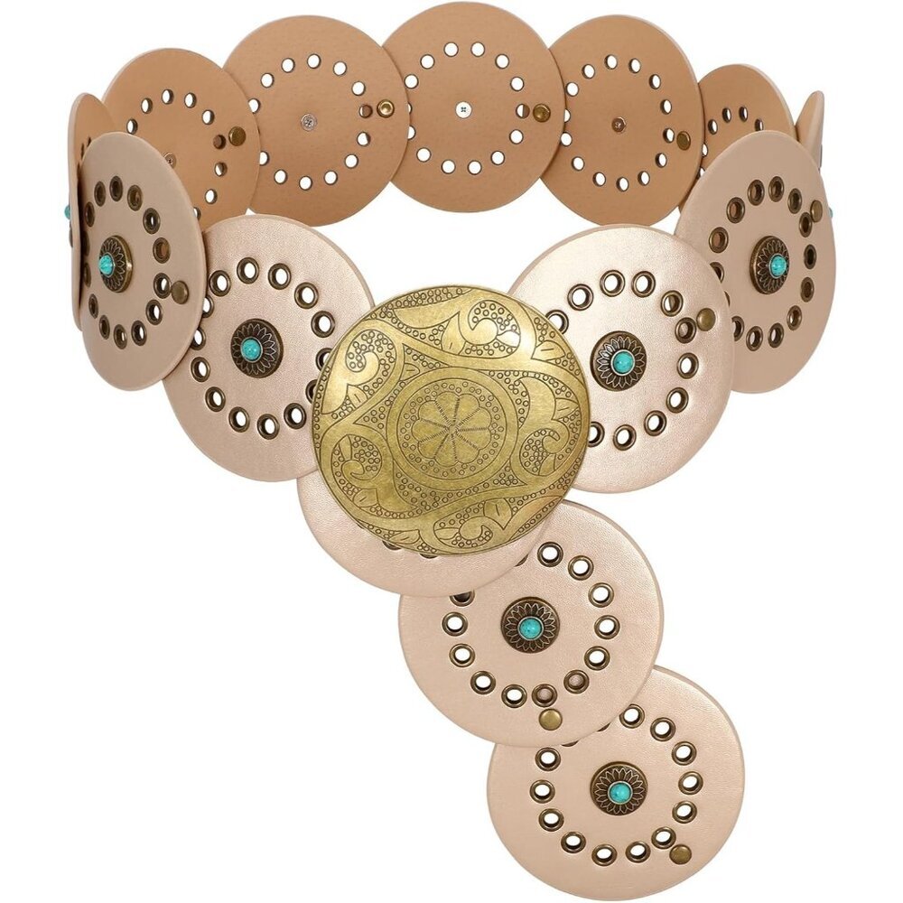 Woman's Western PU Leather Belts Concho Disc Wide Waist Belt Gold Bronze Buckle